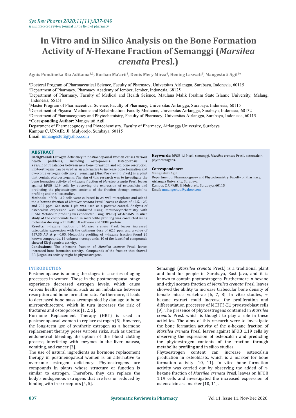 In Vitro and in Silico Analysis on the Bone Formation Activity of N-Hexane Fraction of Semanggi (Marsilea Crenata Presl.)