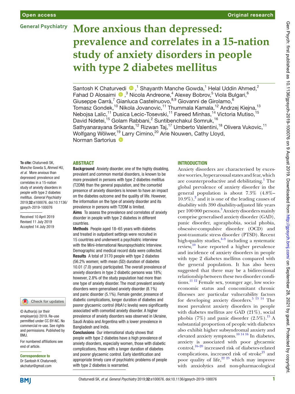 Prevalence and Correlates in a 15-Nation Study of Anxiety Disorders in People with Type 2 Diabetes