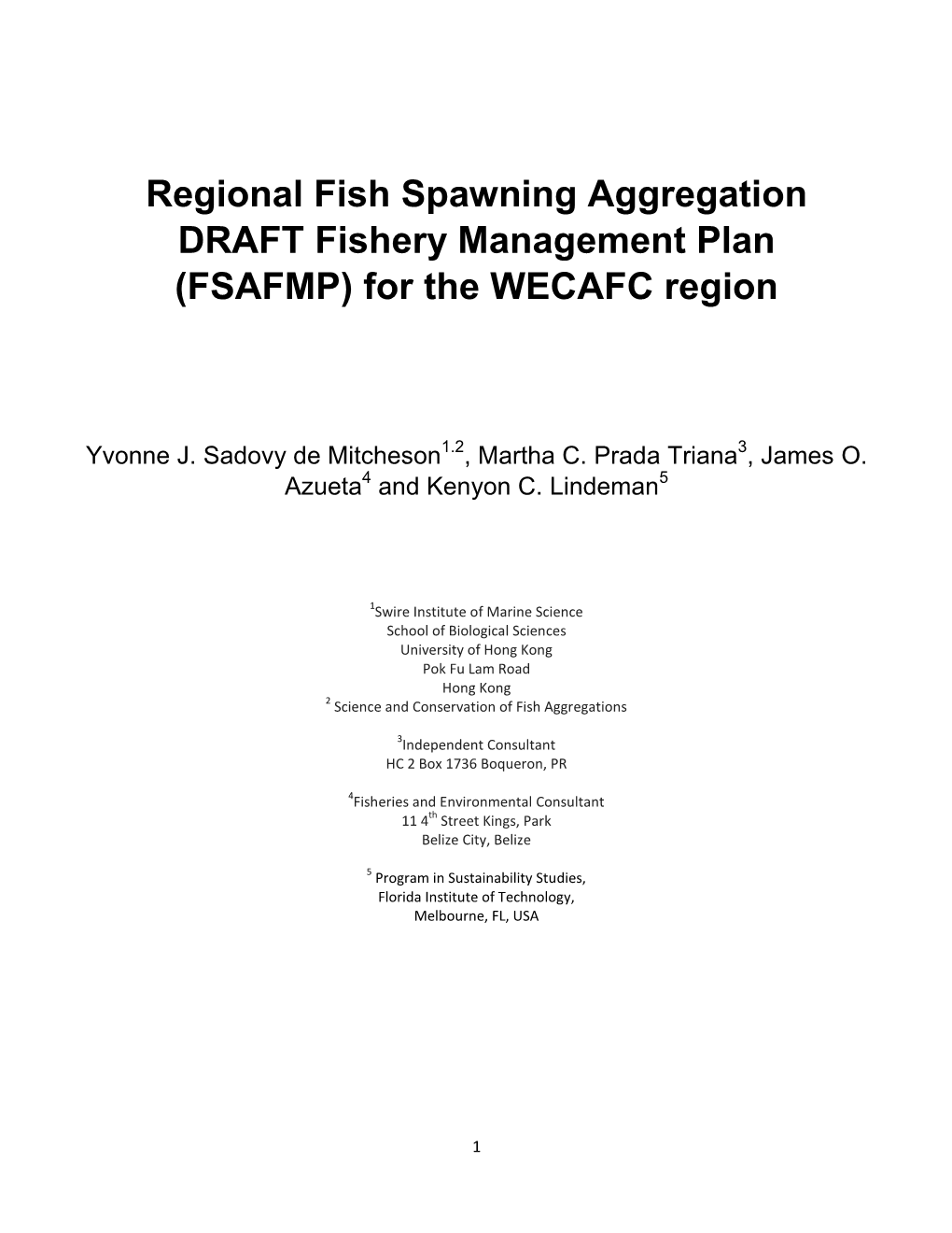 Regional Fish Spawning Aggregation DRAFT Fishery Management Plan (FSAFMP) for the WECAFC Region