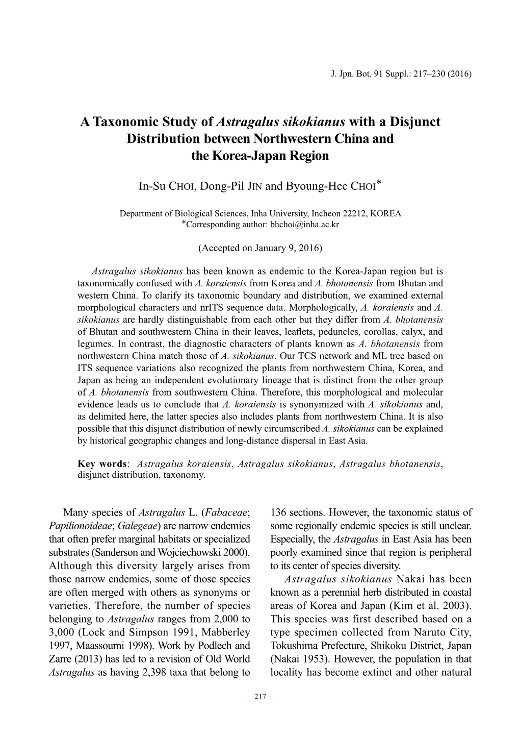 A Taxonomic Study of Astragalus Sikokianus with a Disjunct Distribution Between Northwestern China and the Korea-Japan Region