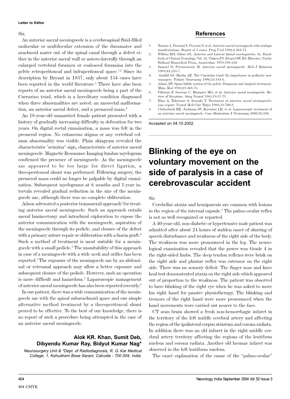 Blinking of the Eye on Voluntary Movement on the Side of Paralysis