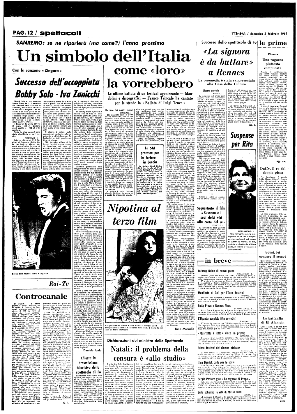 PAG. 12 / Spettacoli I'unit a / Domeniea 2 Febbraio 1969 SAN RE MO: Se Ne Riparlera (Ma Come?) I'anno Prossimo [ Successo Dello Spettacolo Di Fo Le Prime