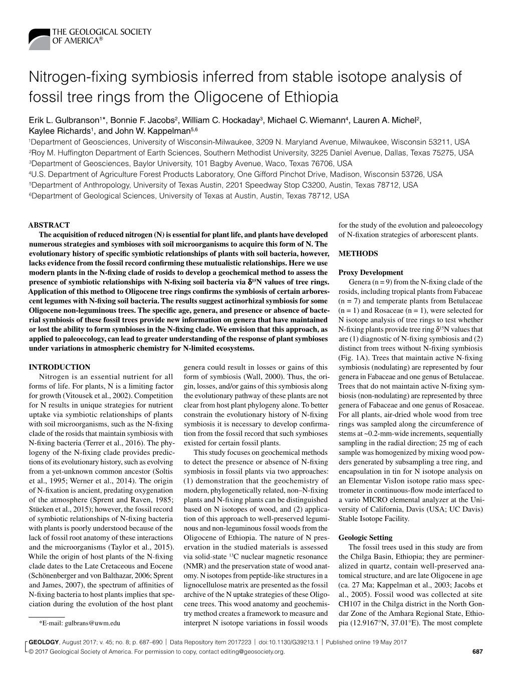 Nitrogen-Fixing Symbiosis Inferred from Stable Isotope Analysis of Fossil Tree Rings from the Oligocene of Ethiopia