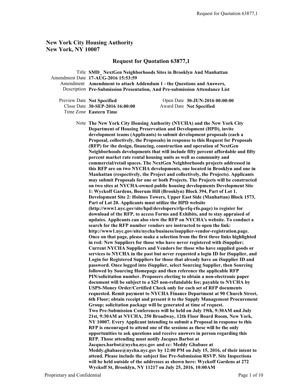 New York City Housing Authority New York, NY 10007 Request for Quotation 63877,1