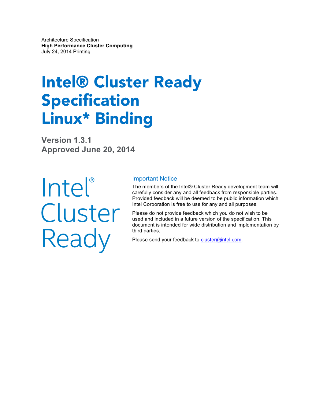 Intel® Cluster Ready Specification Linux* Binding