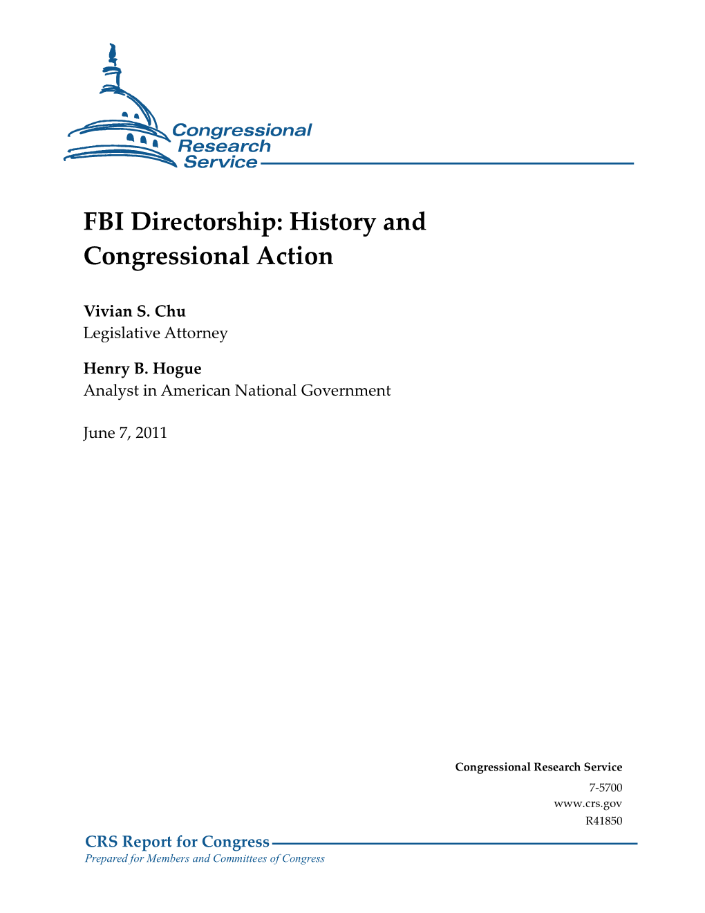 FBI Directorship: History and Congressional Action