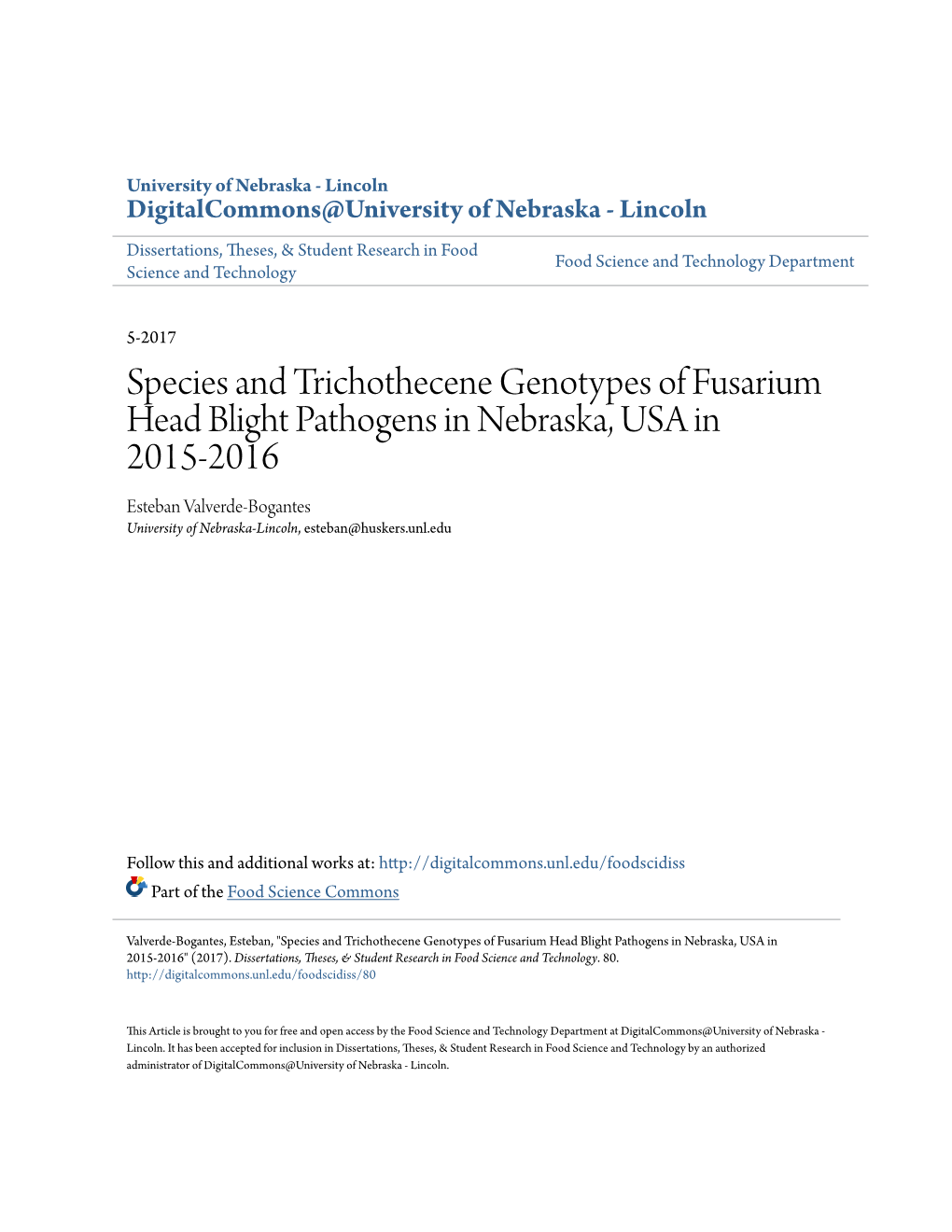 Species and Trichothecene Genotypes of Fusarium Head Blight