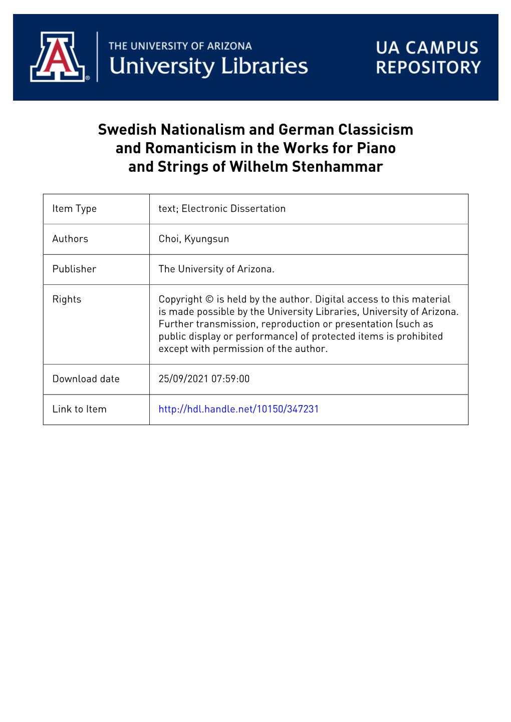 Swedish Nationalism and German Classicism and Romanticism in the Works for Piano and Strings of Wilhelm Stenhammar