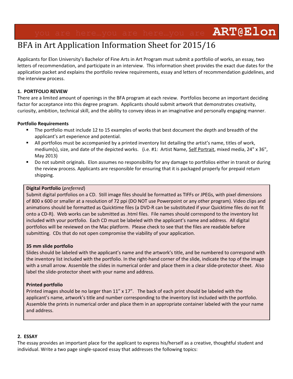 BFA in Art Application Information Sheet for 2010 2011 Page 2