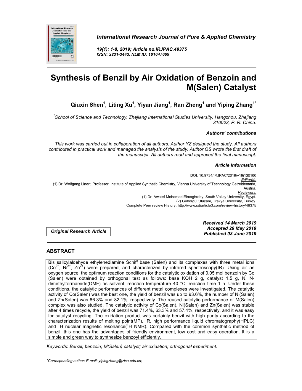 Synthesis of Benzil by Air Oxidation of Benzoin and M(Salen) Catalyst