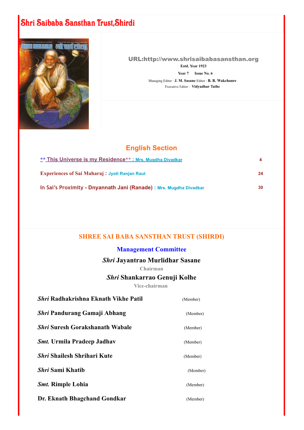 English Section Shri Jayantrao Murlidhar Sasane Shri Shankarrao