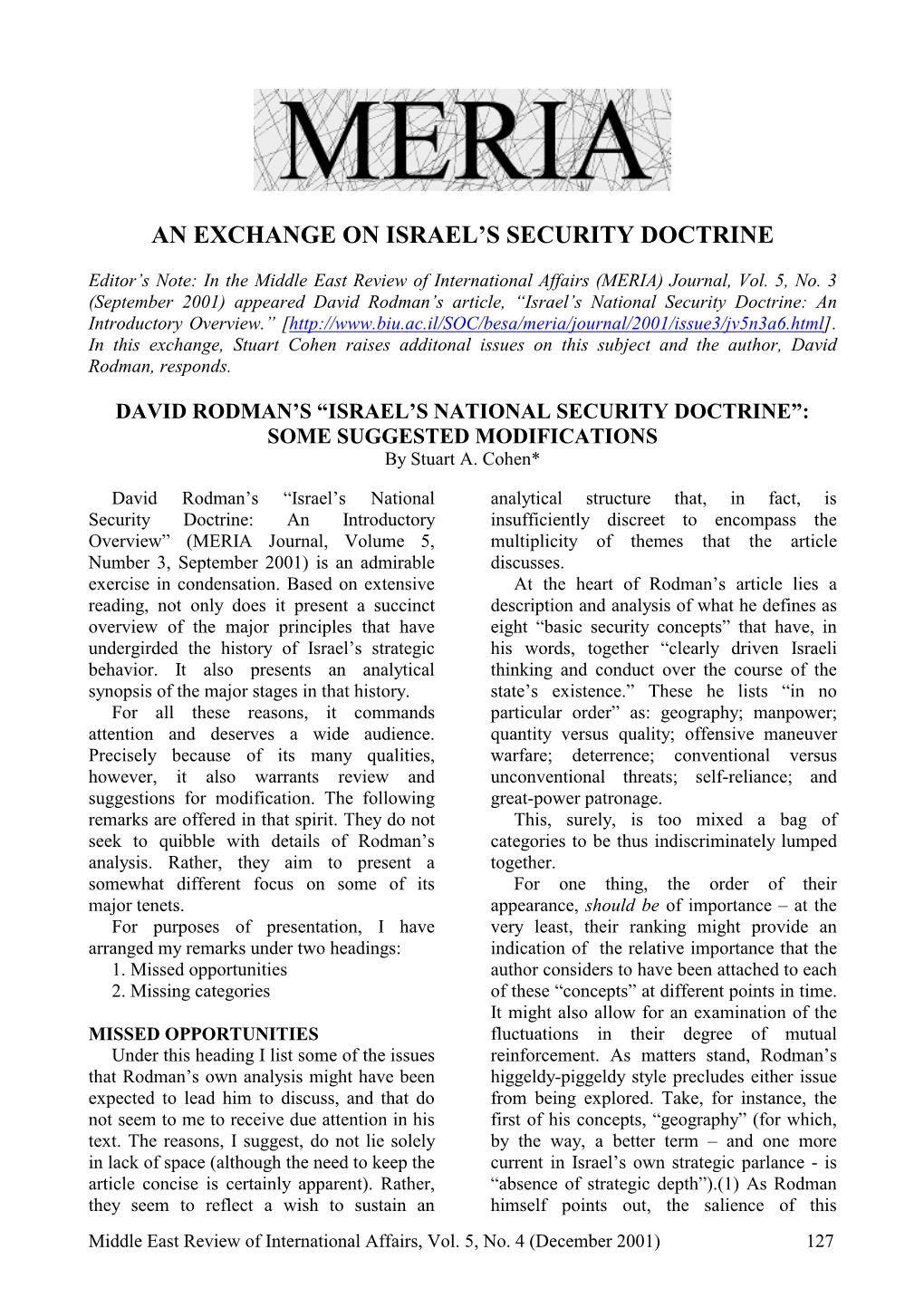 David Rodman's “Israel's National Security Doctrine”