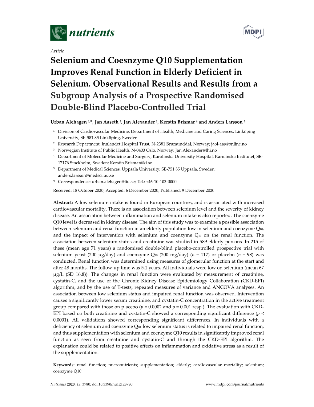 Selenium and Coesnzyme Q10 Supplementation Improves Renal Function in Elderly Deficient in Selenium