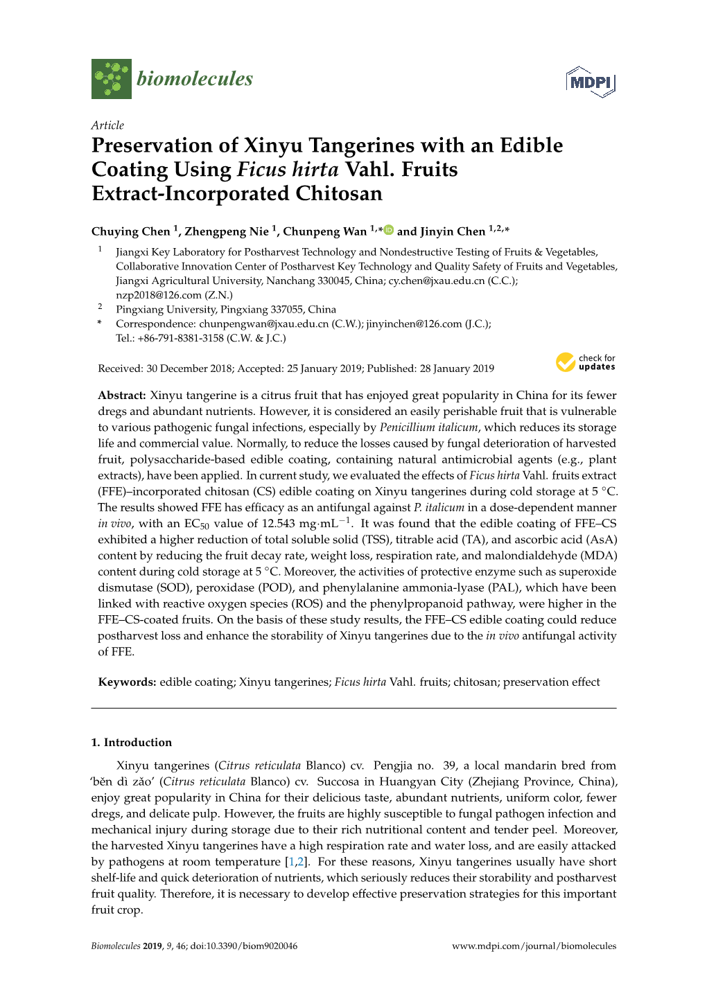 Preservation of Xinyu Tangerines with an Edible Coating Using Ficus Hirta Vahl. Fruits Extract-Incorporated Chitosan