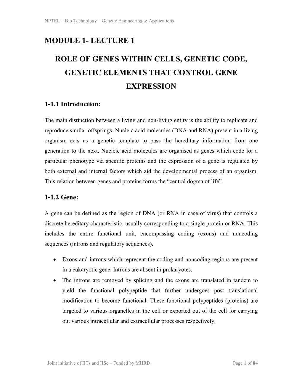 Lecture 1 Role of Genes Within Cells, Genetic