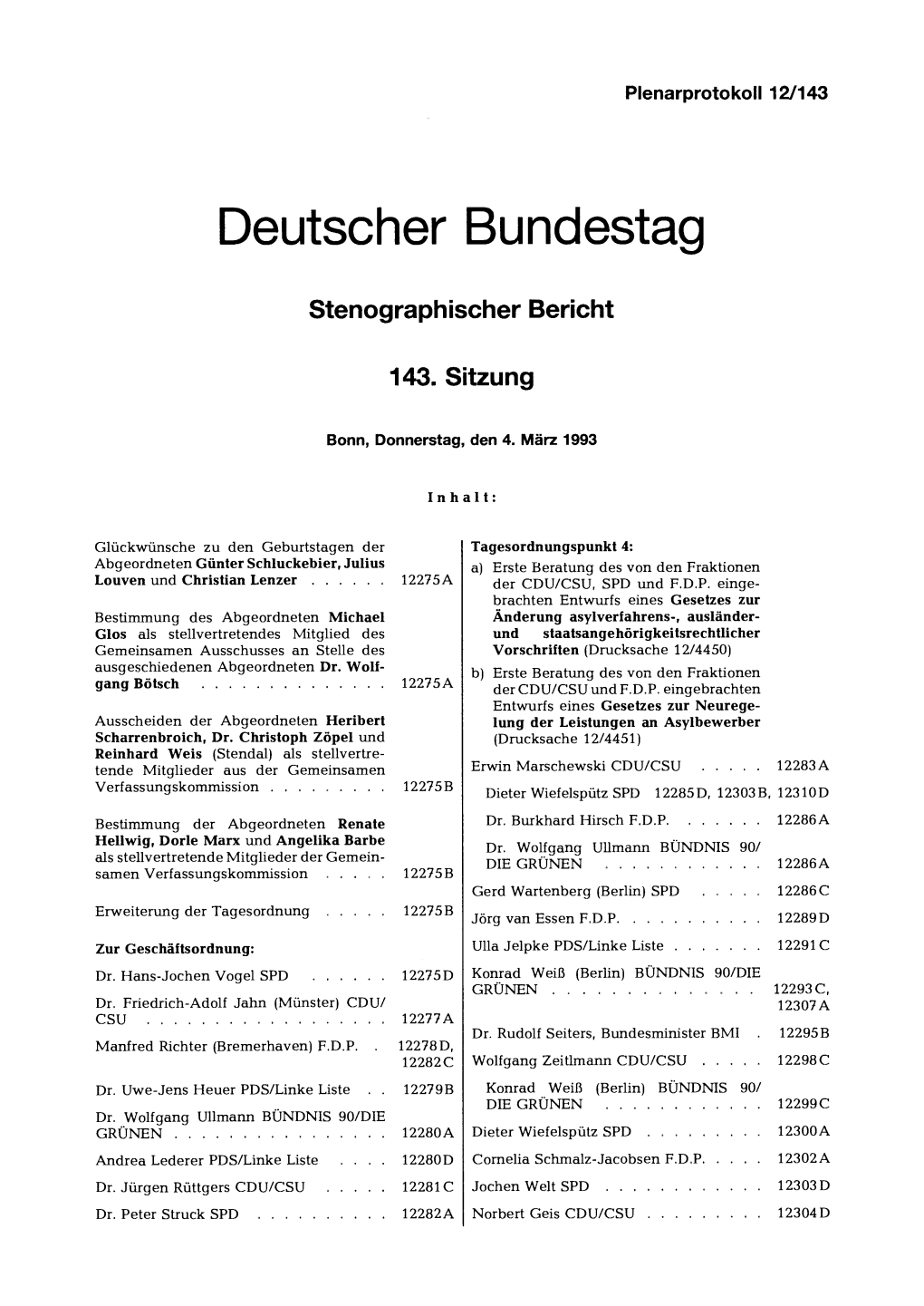 Stenographischer Bericht 143. Sitzung