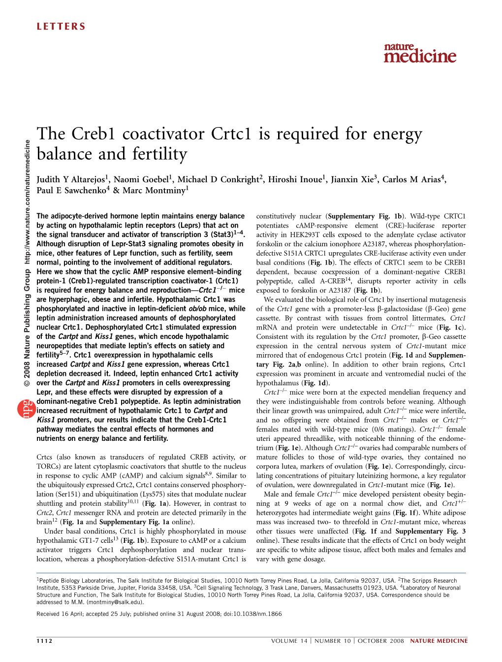 The Creb1 Coactivator Crtc1 Is Required for Energy Balance and Fertility