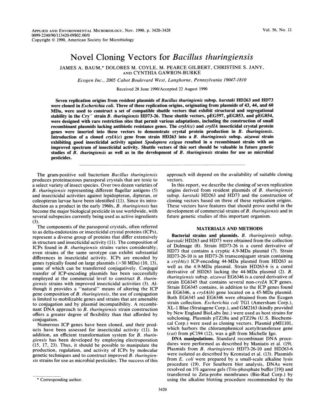 Novel Cloning Vectors for Bacillus Thuringiensis JAMES A