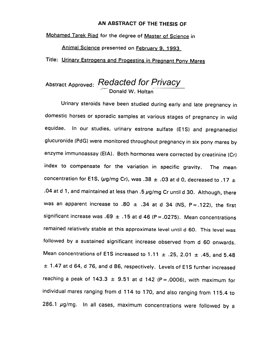 Urinary Estrogens and Progestins in Pregnant Pony Mares