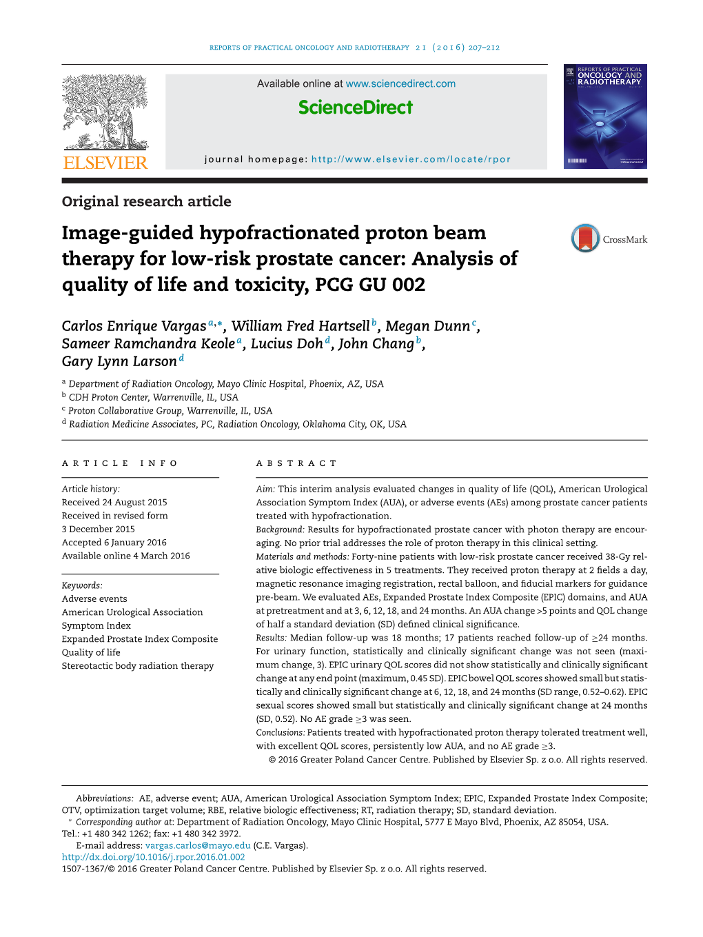 Image-Guided Hypofractionated Proton Beam Therapy for Low-Risk Prostate