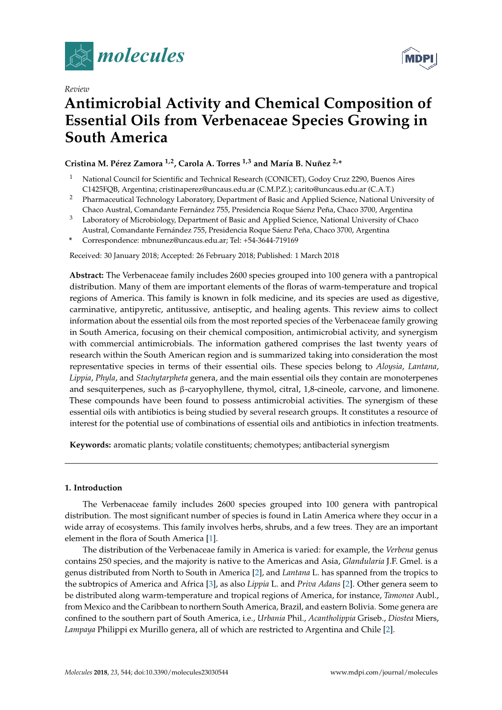 Antimicrobial Activity and Chemical Composition of Essential Oils from Verbenaceae Species Growing in South America