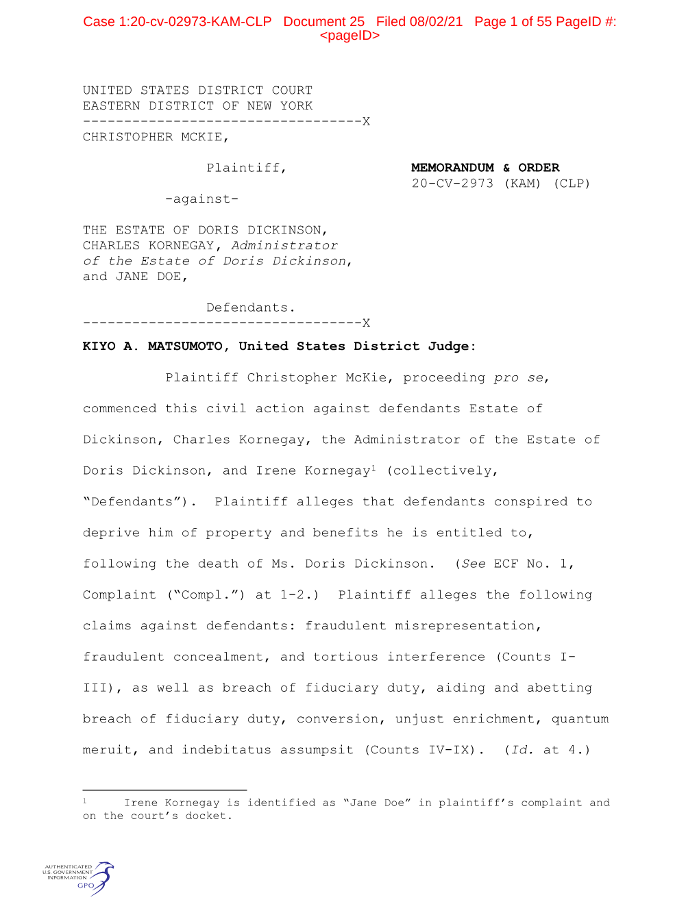 Case 1:20-Cv-02973-KAM-CLP Document 25 Filed 08/02/21 Page