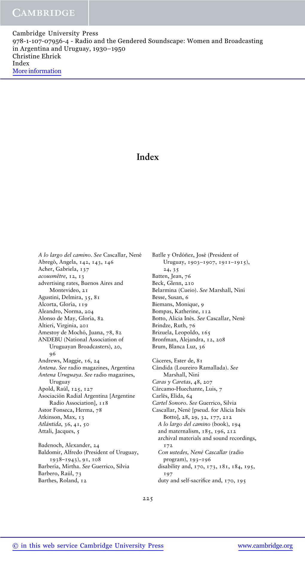 Radio and the Gendered Soundscape: Women and Broadcasting in Argentina and Uruguay, 1930–1950 Christine Ehrick Index More Information