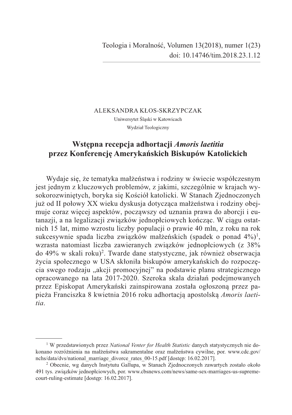 Wstępna Recepcja Adhortacji Amoris Laetitia Przez Konferencję Amerykańskich Biskupów Katolickich