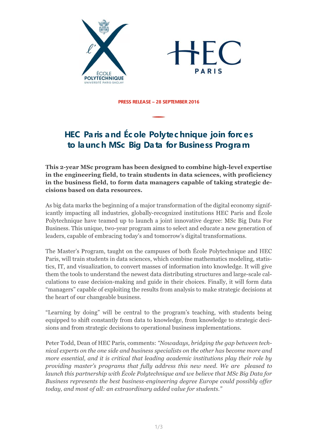 HEC Paris and École Polytechnique Join Forces to Launch Msc Big Data for Business Program