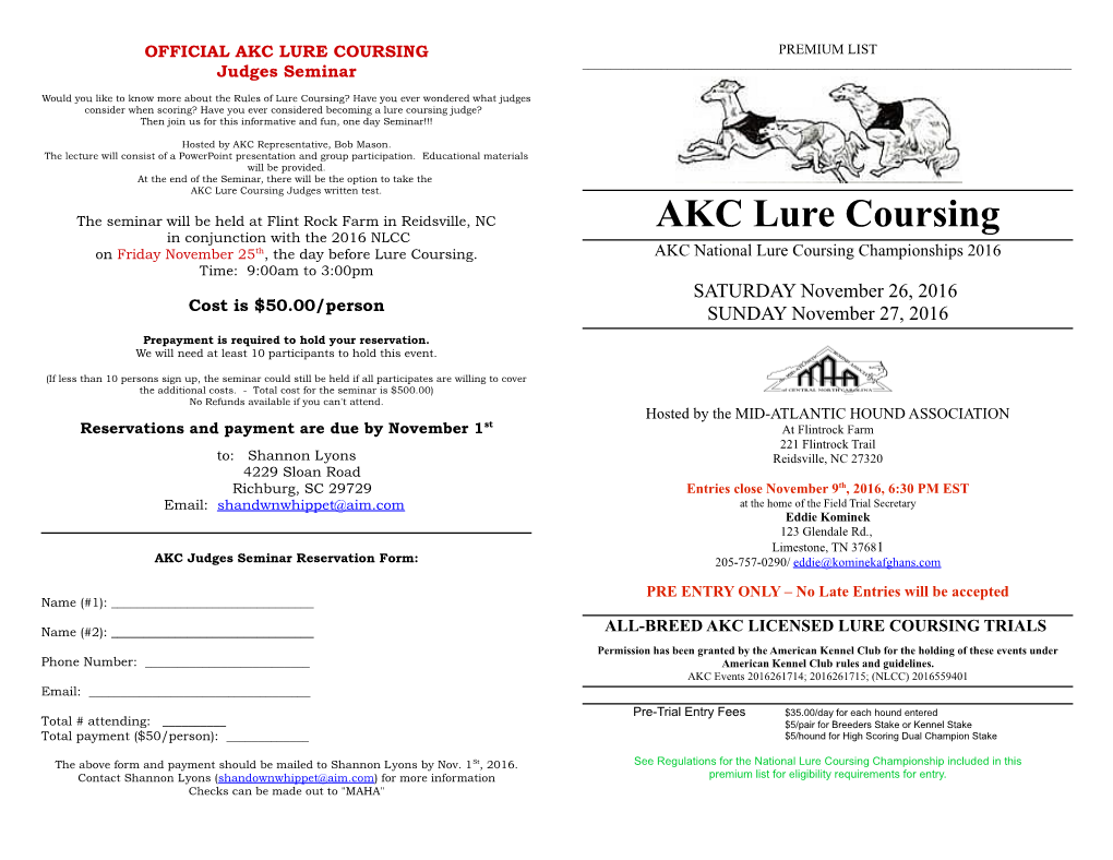 AKC LURE COURSING PREMIUM LIST Judges Seminar ______