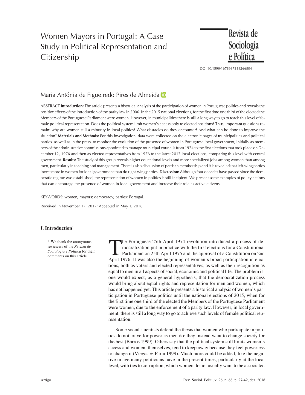 Women Mayors in Portugal: a Case Study in Political Representation and Citizenship