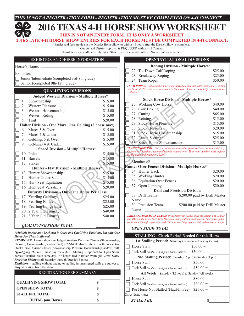 2016 Texas 4-H Horse Show Worksheet This Is Not an Entry Form