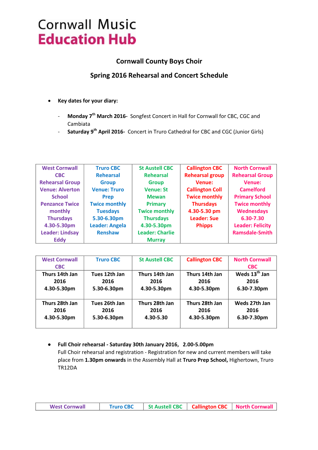 Cornwall County Boys Choir Spring 2016 Rehearsal and Concert Schedule