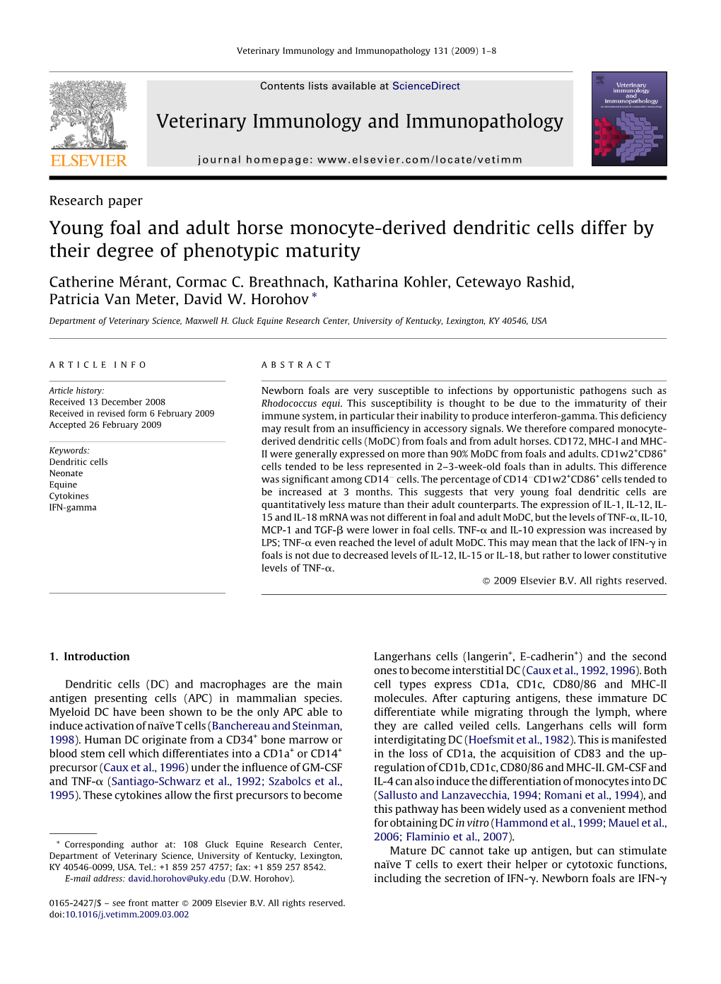 Young Foal and Adult Horse Monocyte-Derived Dendritic Cells Differ by Their Degree of Phenotypic Maturity