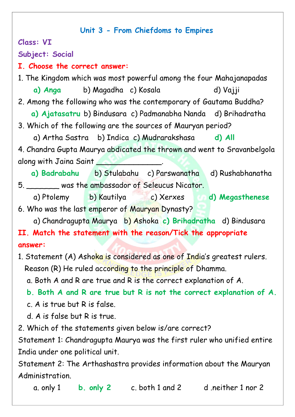 Unit 3 - from Chiefdoms to Empires Class: VI Subject: Social I