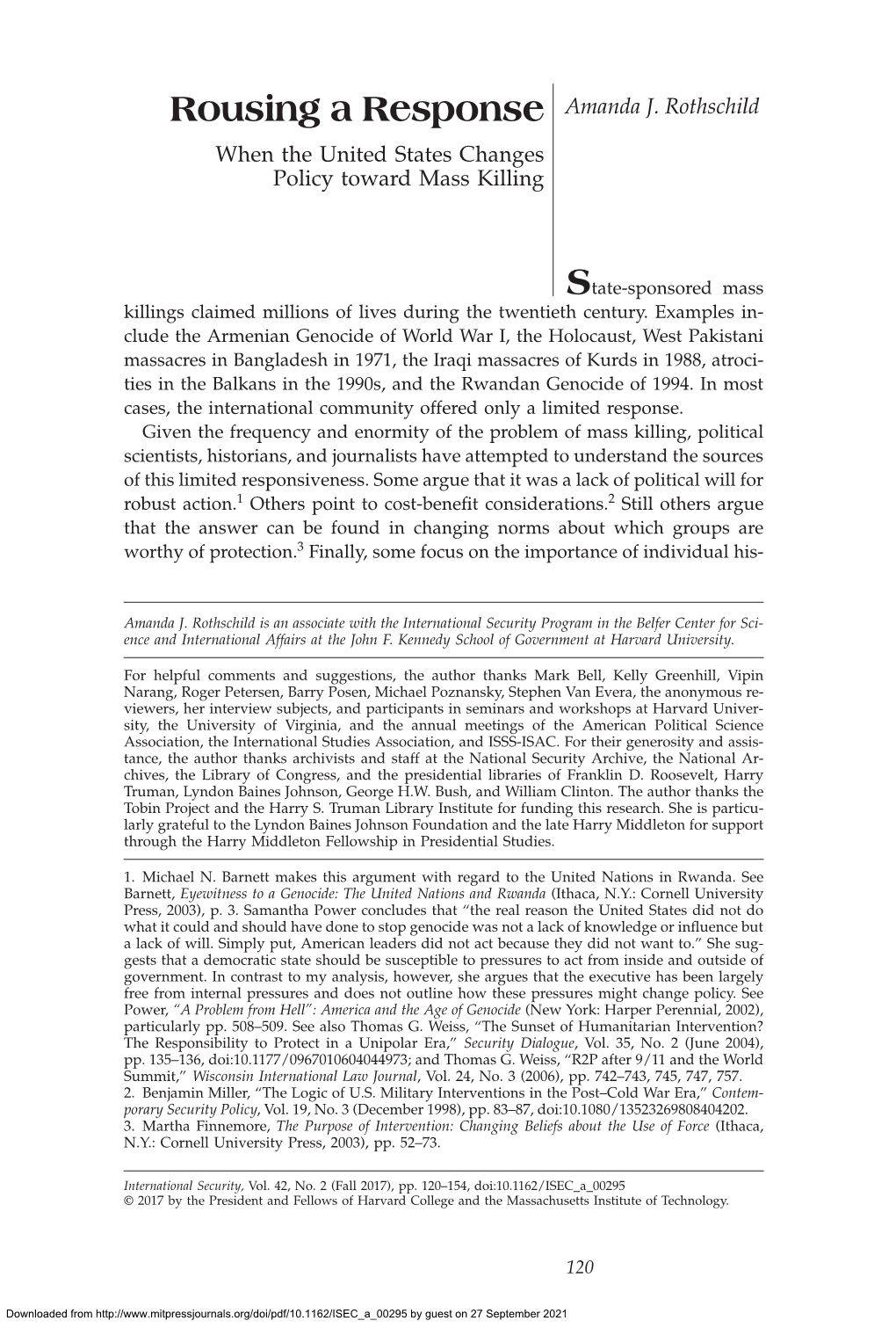 Rousing a Response Amanda J. Rothschild When the United States Changes Policy Toward Mass Killing