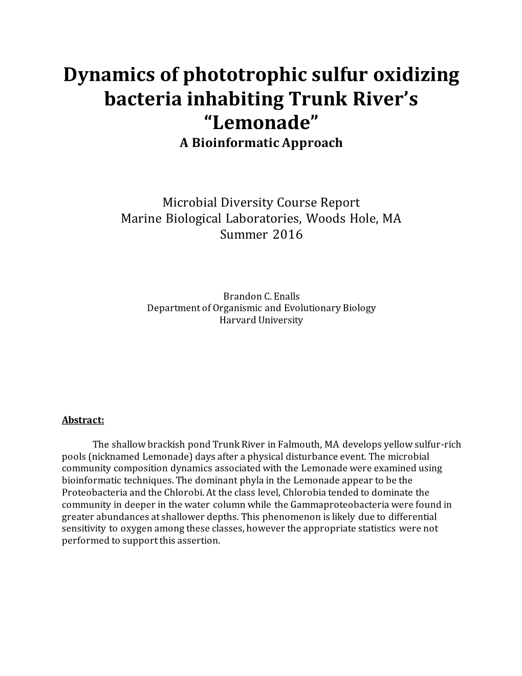 Dynamics of Phototrophic Sulfur Oxidizing Bacteria Inhabiting Trunk River's