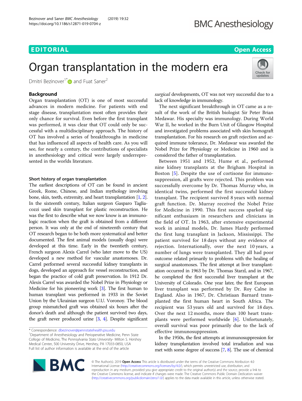 Organ Transplantation in the Modern Era Dmitri Bezinover1* and Fuat Saner2