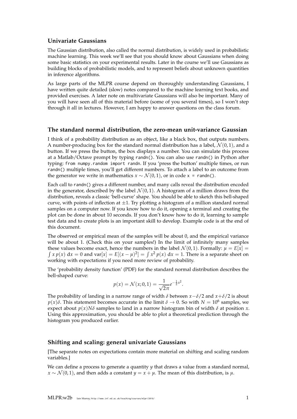 Univariate Gaussians the Standard Normal Distribution, the Zero-Mean