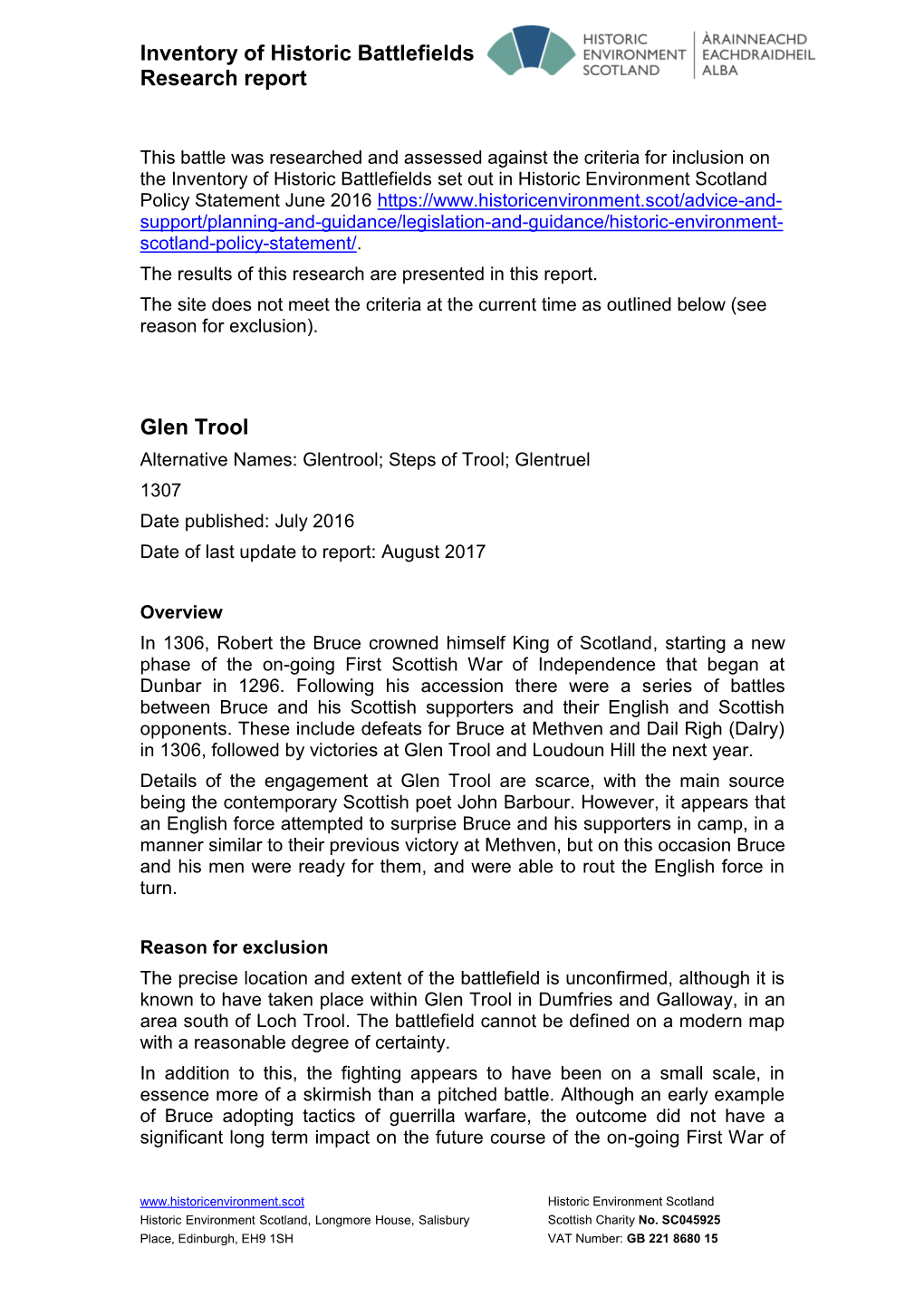 Glen Trool Alternative Names: Glentrool; Steps of Trool; Glentruel 1307 Date Published: July 2016 Date of Last Update to Report: August 2017