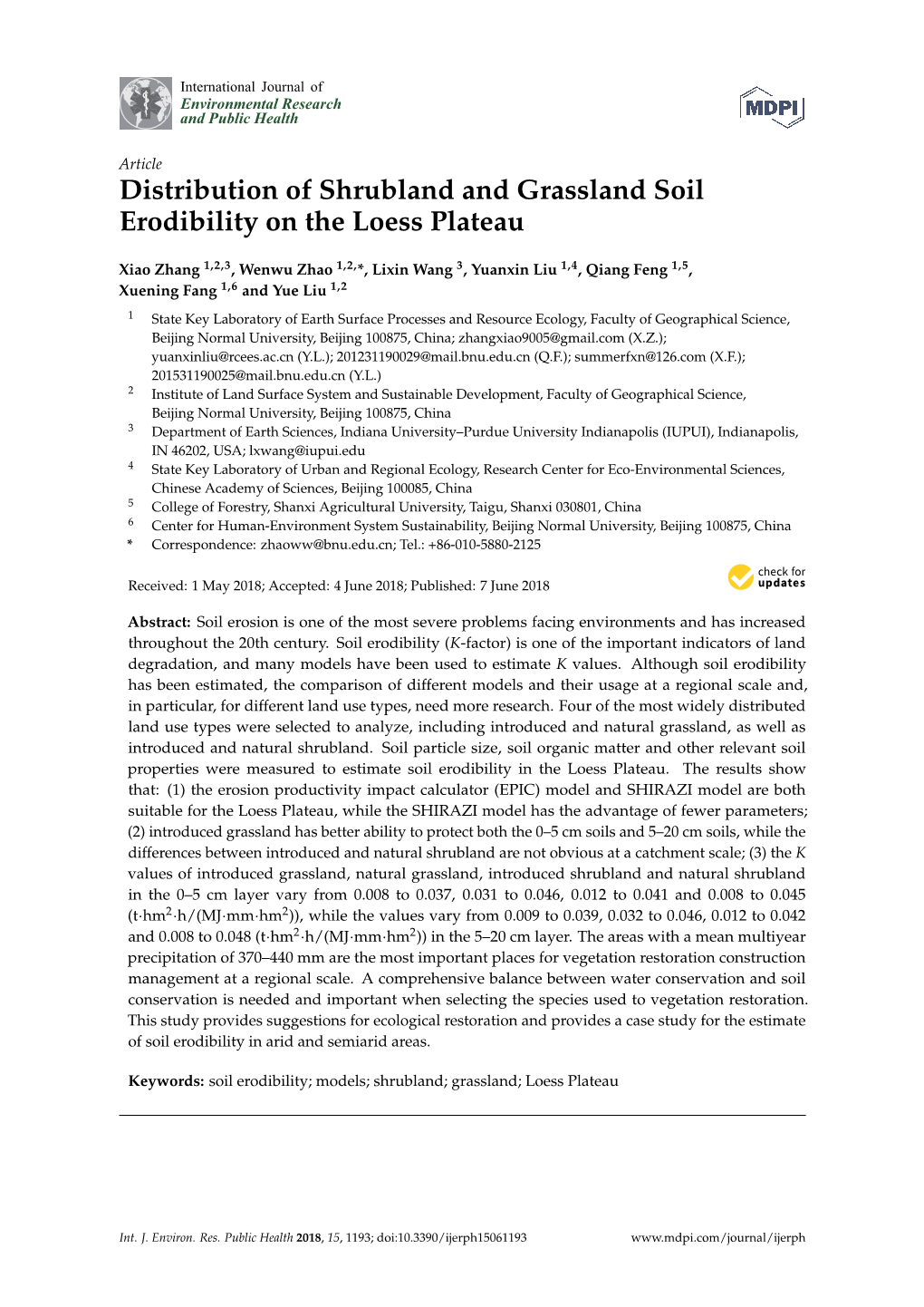 Distribution of Shrubland and Grassland Soil Erodibility on the Loess Plateau
