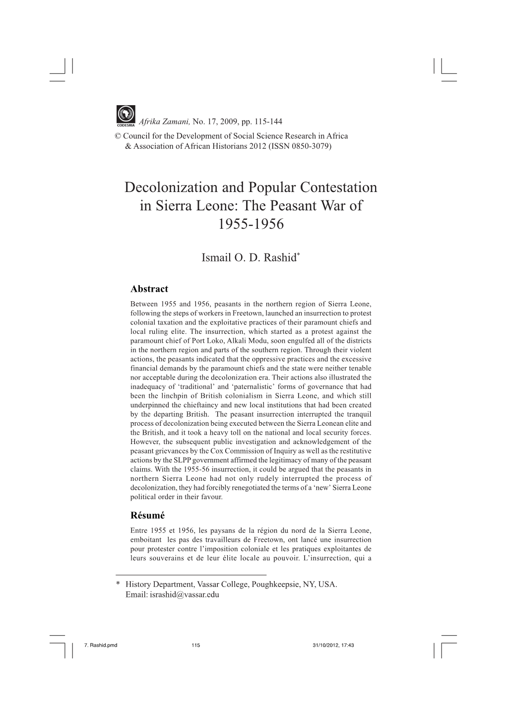 Decolonization and Popular Contestation in Sierra Leone: the Peasant War of 1955-1956