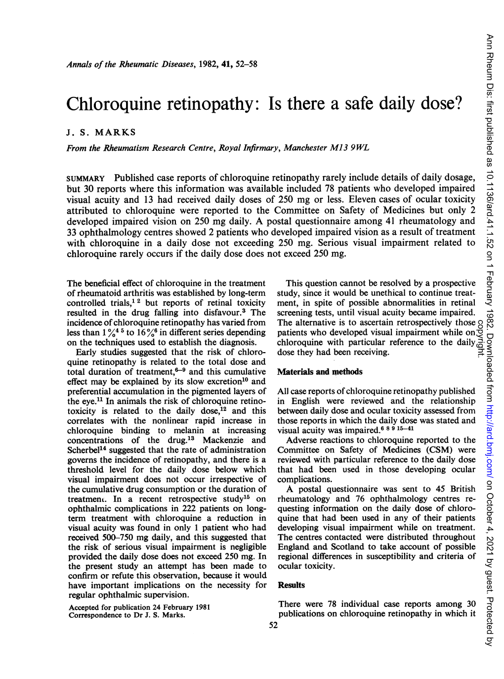 Chloroquine Retinopathy: Is There a Safe Daily Dose?