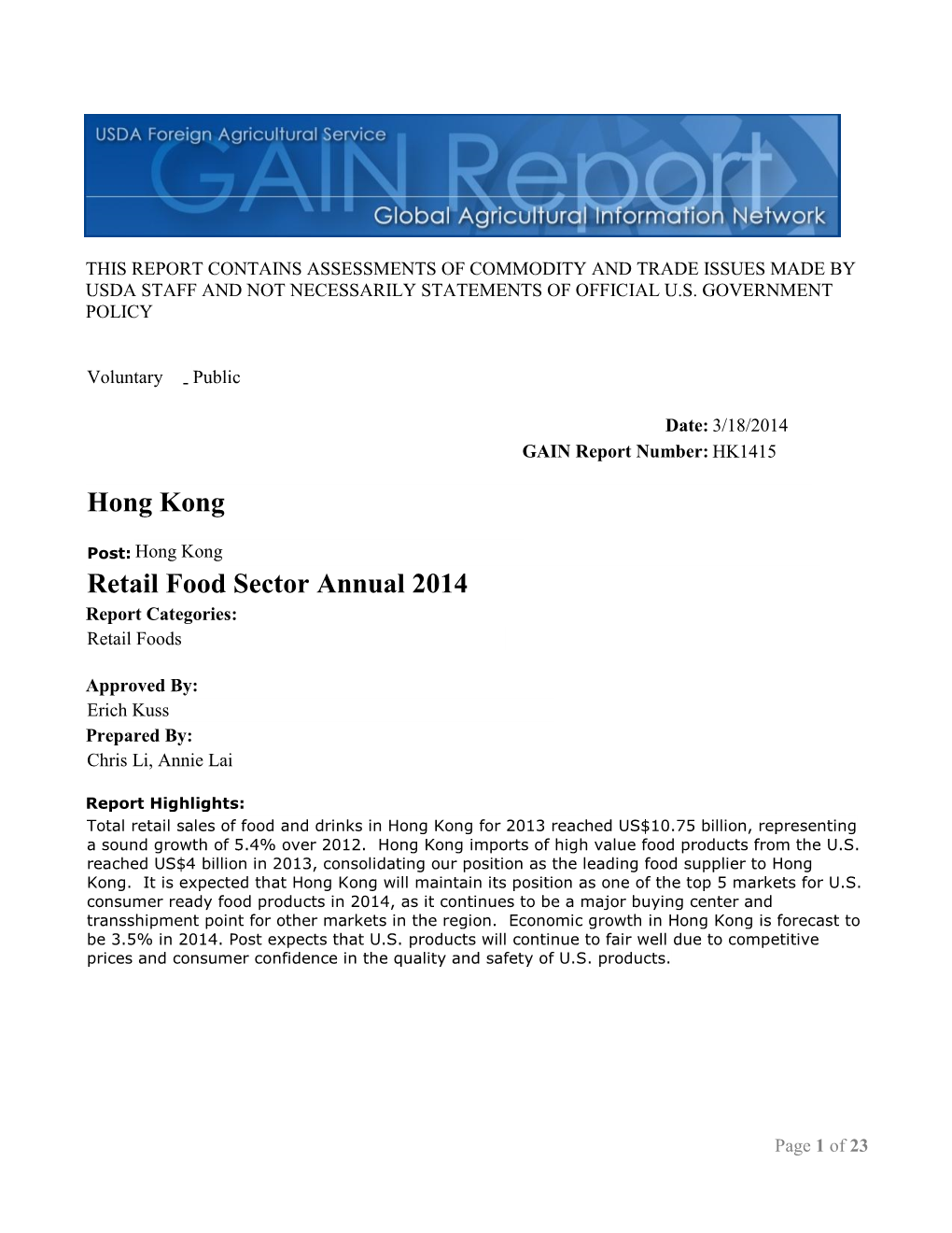 Retail Food Sector Annual 2014 Hong Kong