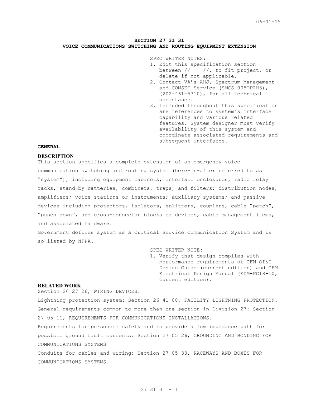 Section 27 31 31 Voice Communications Switching and Routing Equipment Extension