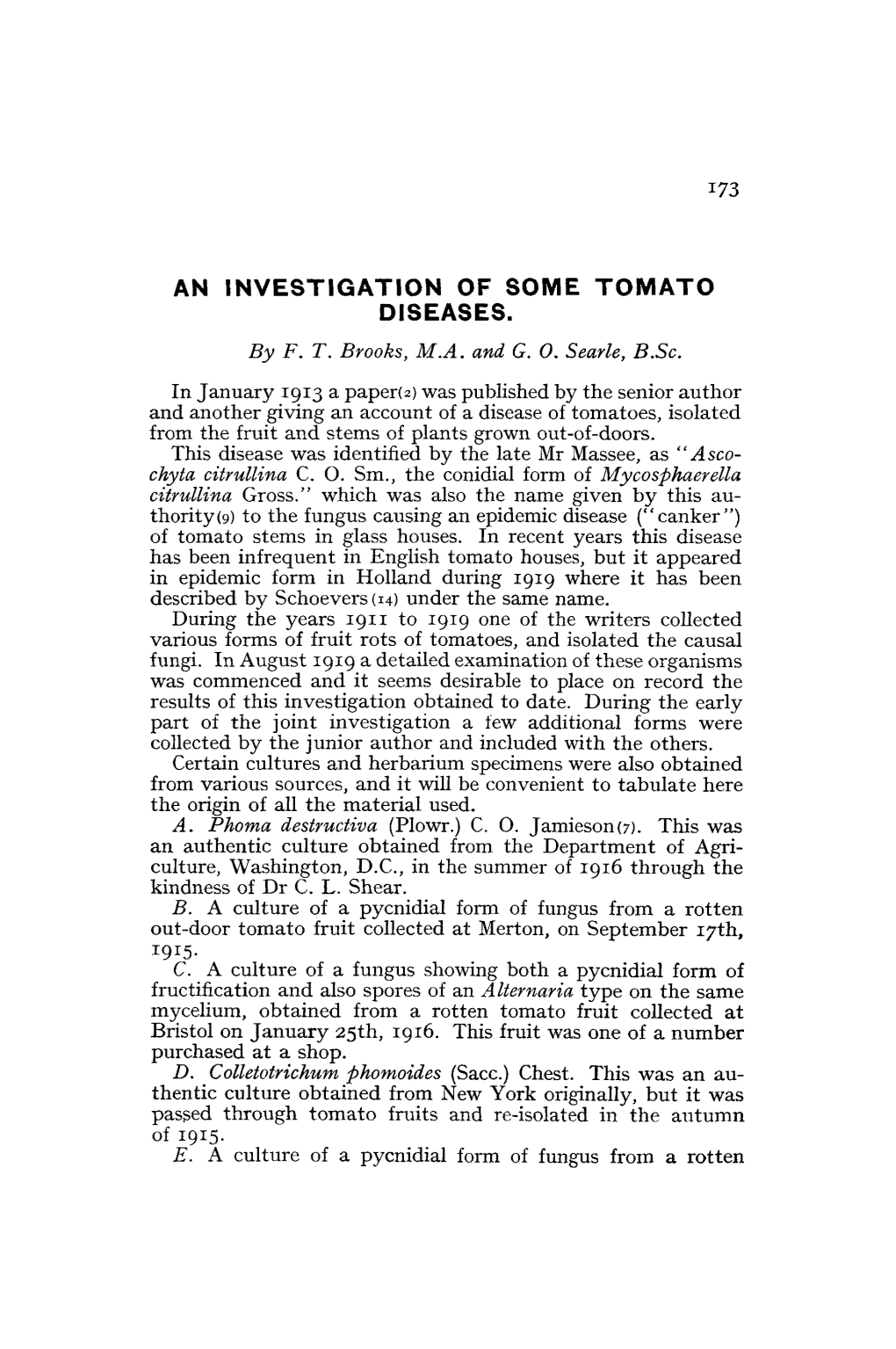 An Investigation of Some Tomato Diseases