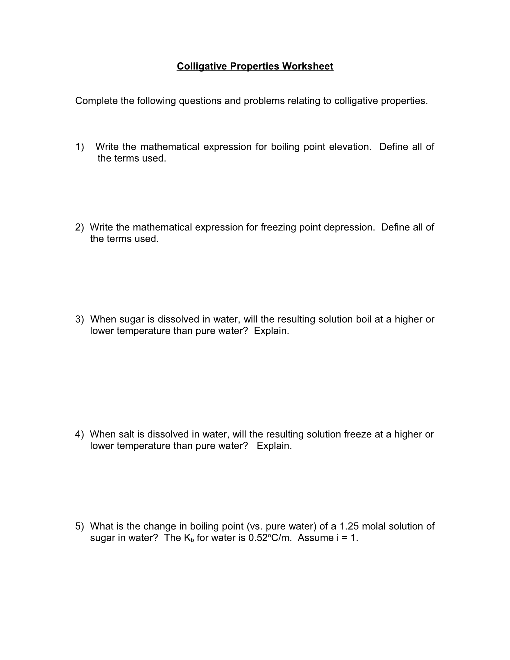 Colligative Properties Worksheet