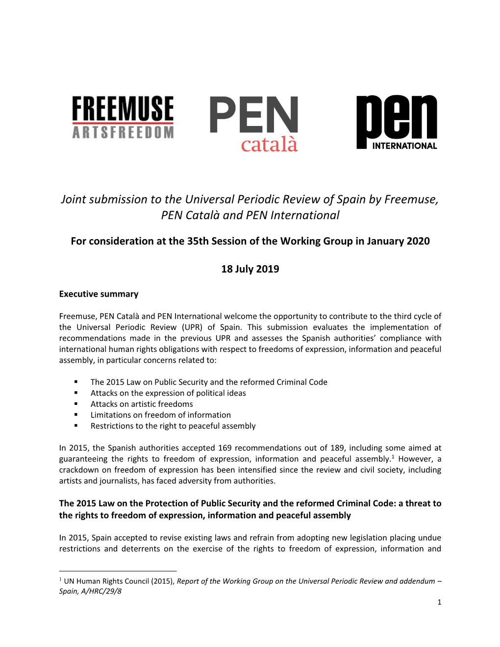 Joint Submission to the Universal Periodic Review of Spain by Freemuse, PEN Català and PEN International