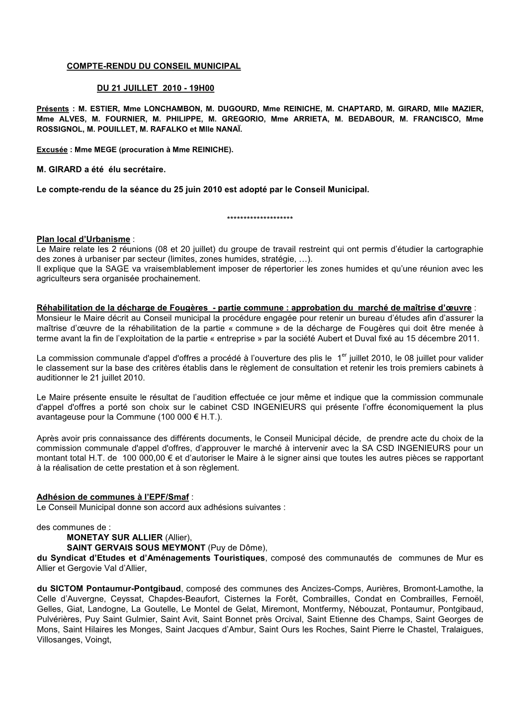 Compte-Rendu Du Conseil Municipal Du 21 Juillet 2010