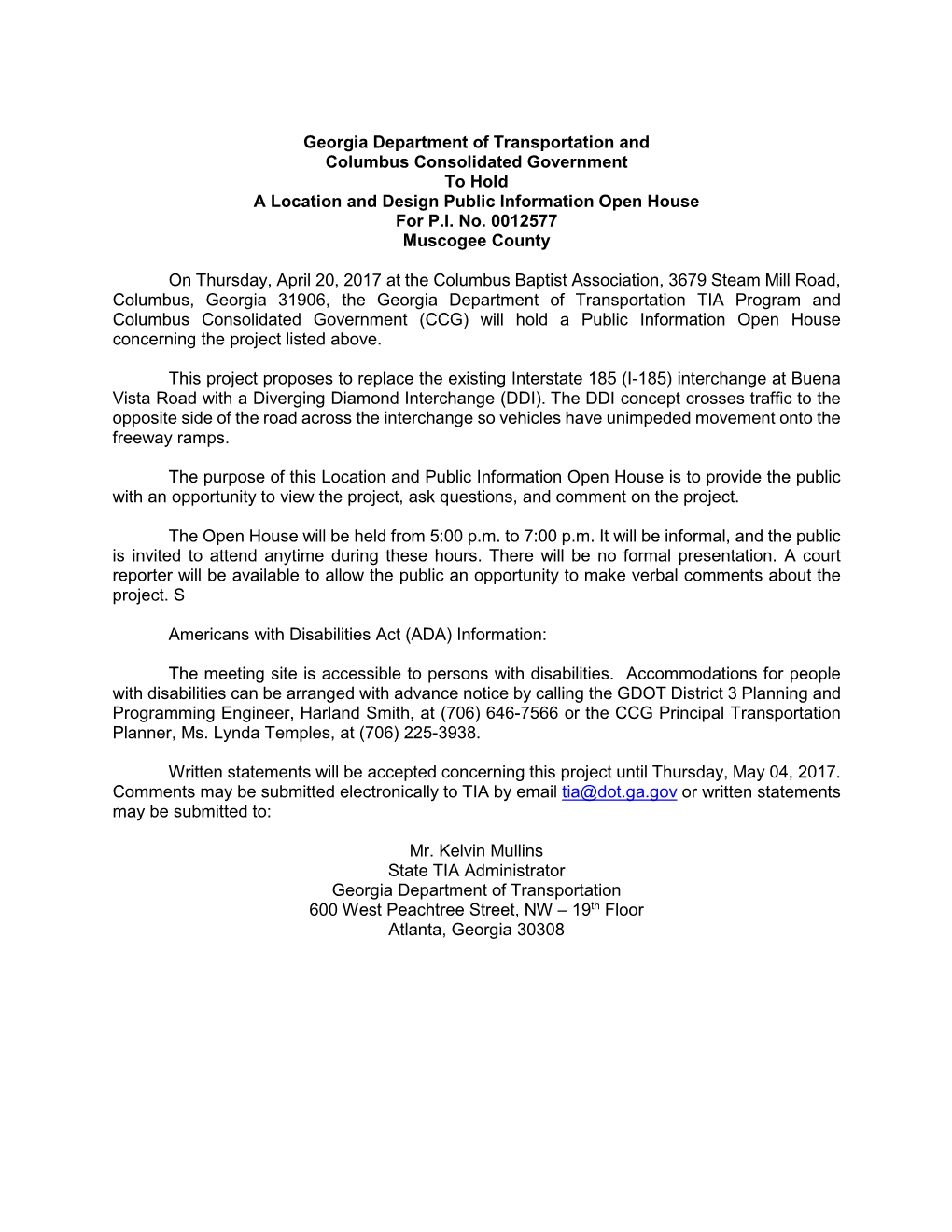 Georgia Department of Transportation and Columbus Consolidated Government to Hold a Location and Design Public Information Open House for P.I